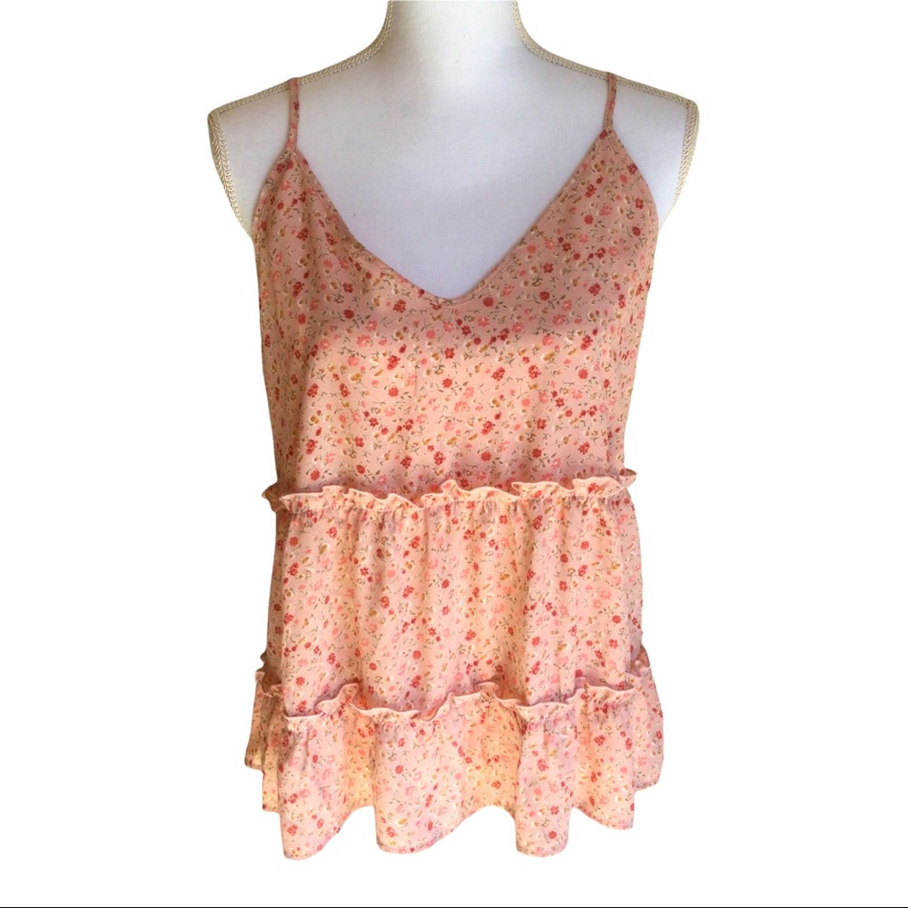 Sienna Sky Peach Floral Spaghetti Straps Ruffled Top.